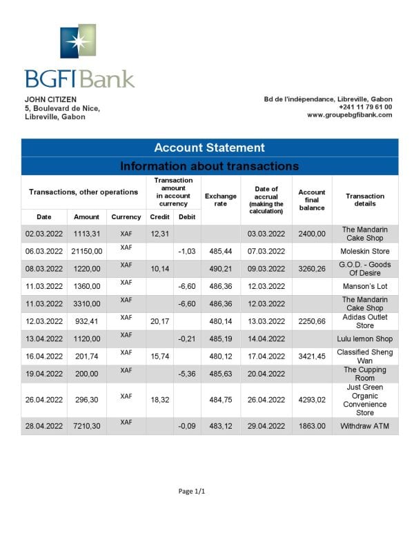 Gabon BGFI bank statement template in Word and PDF format