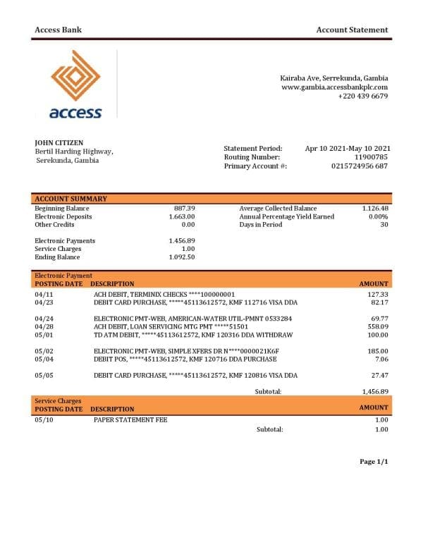Gambia Access bank statement template in Word and PDF format