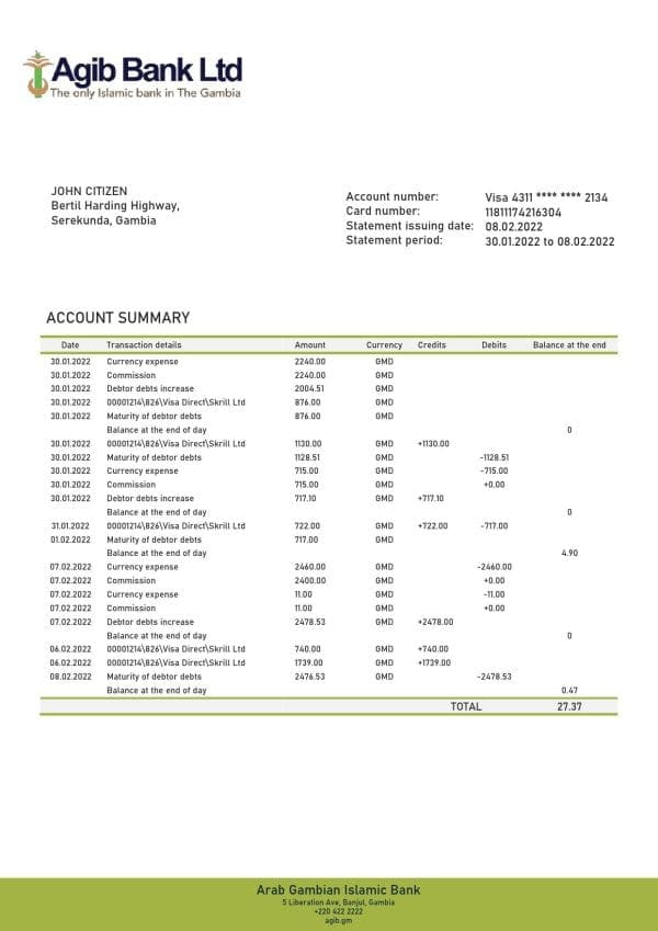 Gambia Arab Gambian Islamic bank statement template in Word and PDF format