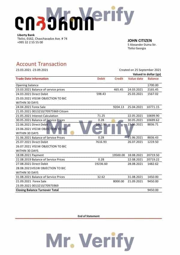 Georgia Liberty Bank statement easy to fill template in Excel and PDF format