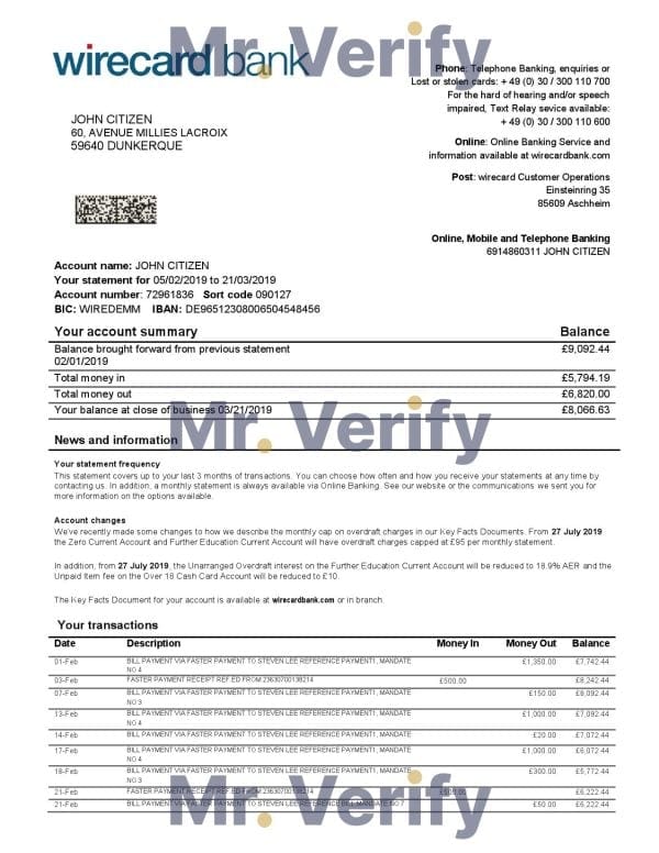 Germany Aschheim Wirecard bank statement easy to fill template in Word and PDF format