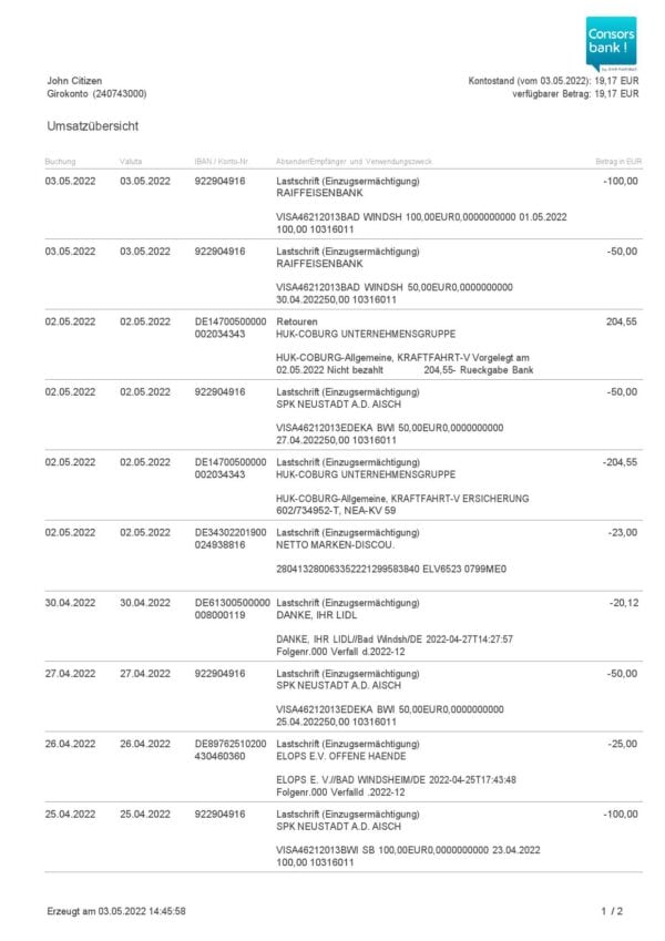 Germany Consorsbank bank statement, Word and PDF template, 2 pages