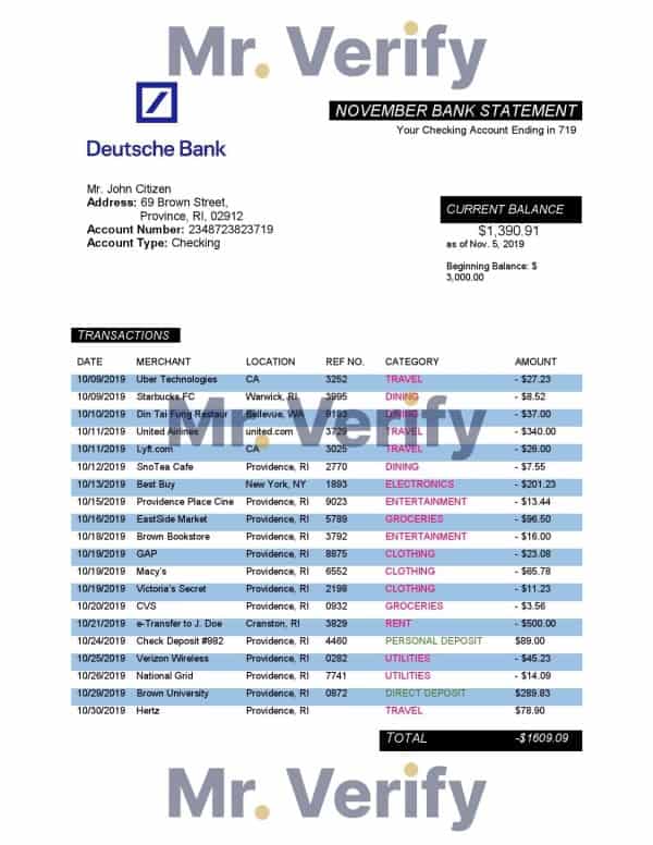 Germany Deutsche bank proof of address statement template in Word and PDF format