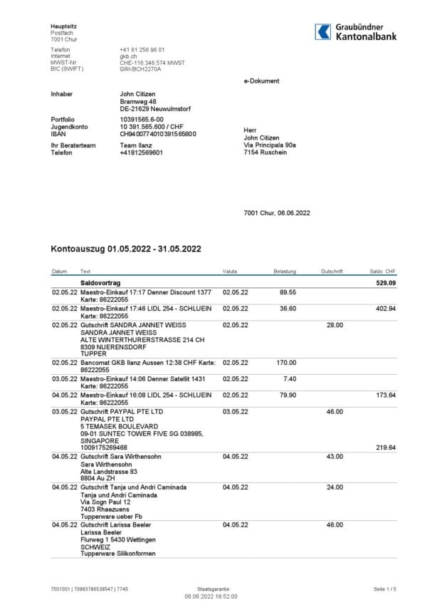 Germany-Graubundner-Kantonalbank-statement-on-Deutsch-4-pages_000001.jpg Germany Graubundner Kantonalbank bank statement, Word and PDF template, 4 pages