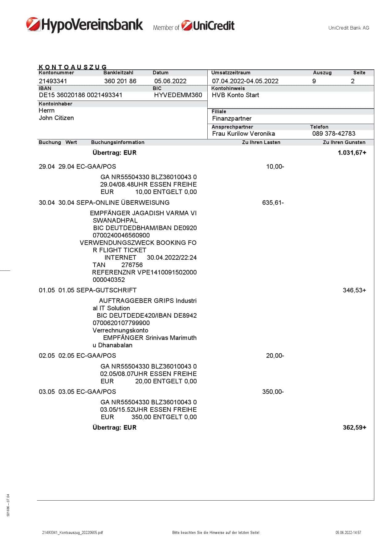 Germany-HypoVereinsbank-statement-on-Deutsch-3-pages_000002.jpg Germany HypoVereins bank statement, Word and PDF template, 3 pages - Image 2