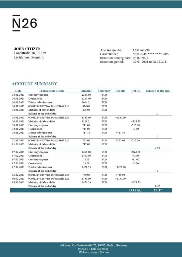 Germany-N26_000001.jpg Germany N26 bank statement template in Excel and PDF format