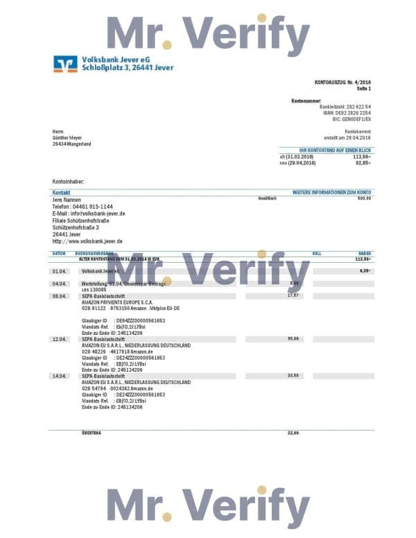 Germany Volksbank Jever statement template in Word and PDF format