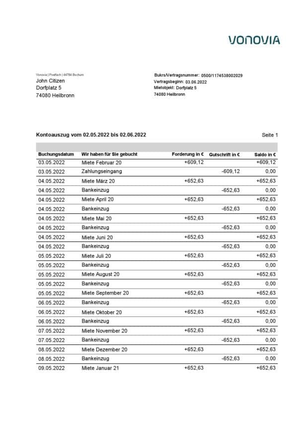 Germany Vonovia bank statement, Word and PDF template, 3 pages