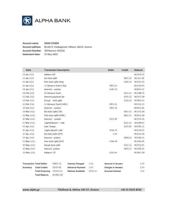Greece Alpha Bank statement Excel and PDF template