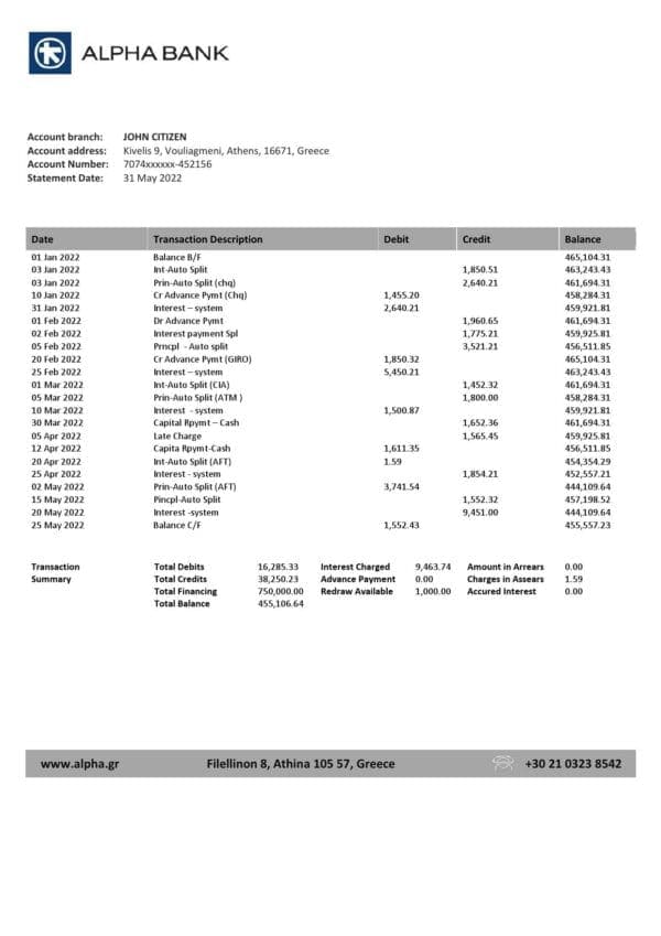 Greece Alpha bank statement template in Word and PDF format