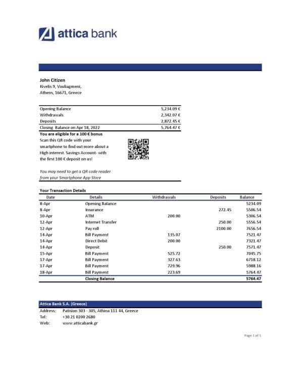 Greece Attica bank statement Excel and PDF template