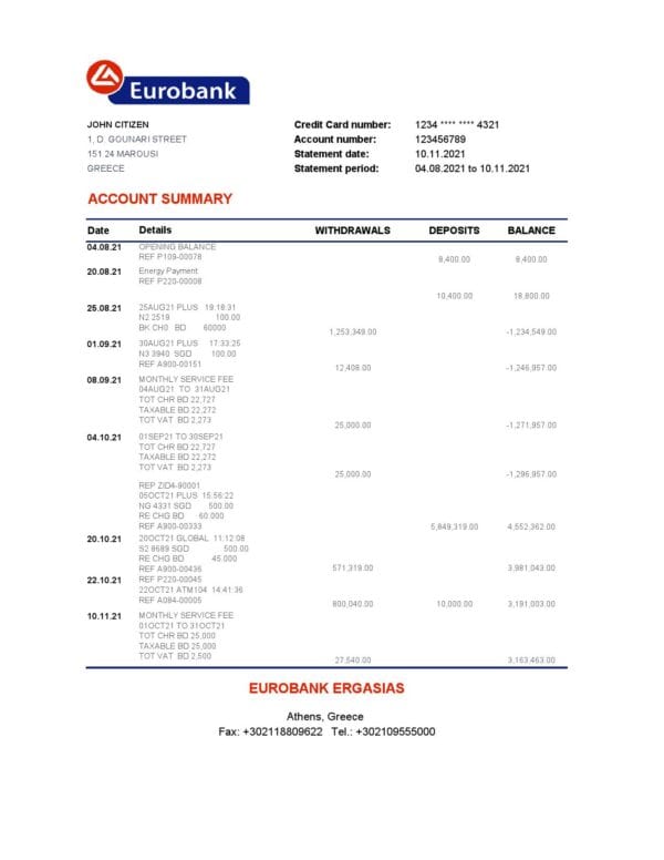 Greece Eurobank Ergasias bank statement easy to fill template in Excel and PDF format