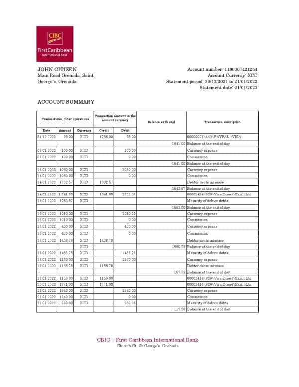Grenada CIBC Bank Statement Excel and PDF Template
