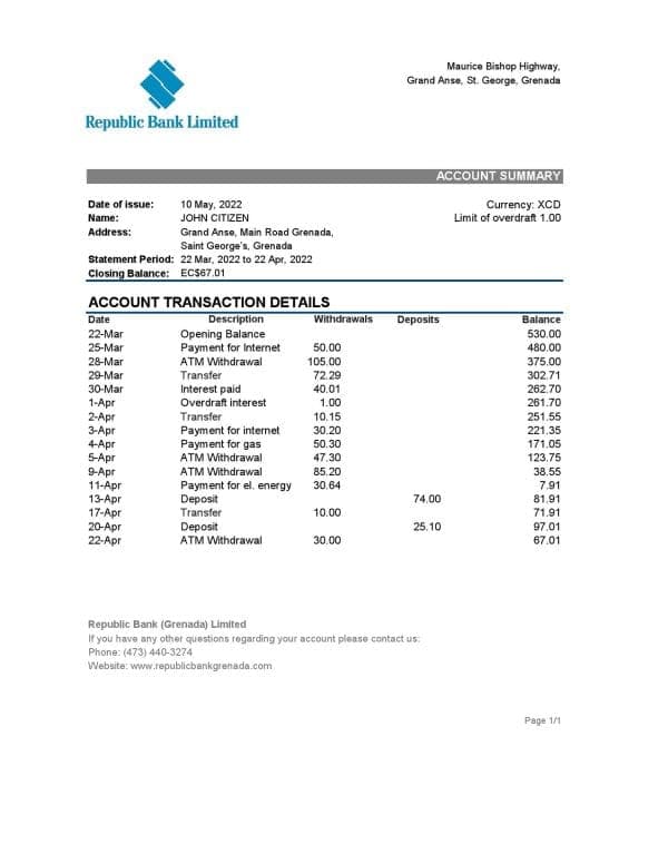 Grenada Republic bank statement Excel and PDF template