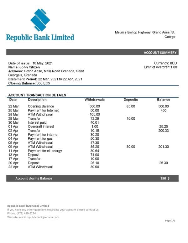 Grenada Republic bank statement template in Word and PDF format