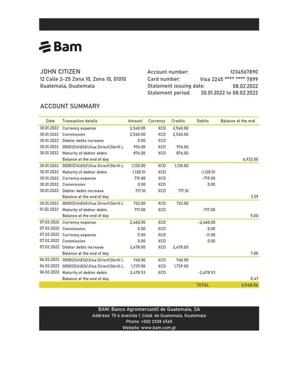Guatemala Agromercantil bank statement Excel and PDF template