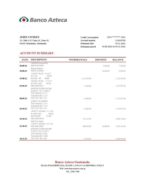 Guatemala Azteca bank statement Excel and PDF template