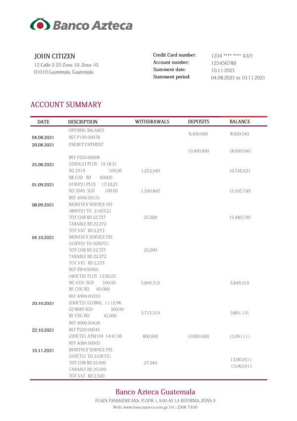 Guatemala Azteca proof of address bank statement template in Word and PDF format (.doc and pdf)