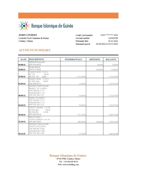 Guinea Banque Islamique de Guinée bank statement Excel and PDF template