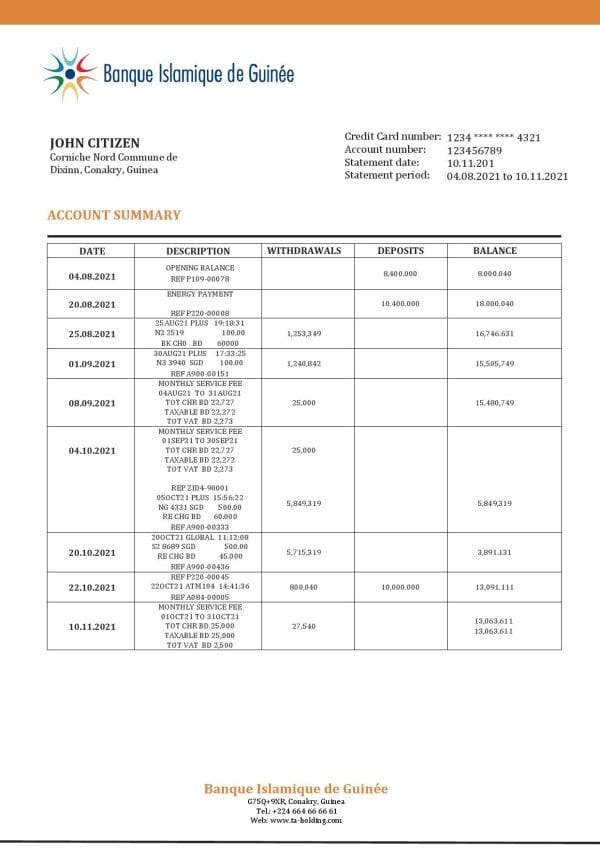 Guinea Banque Islamique de Guinée proof of address bank statement template in Word and PDF format
