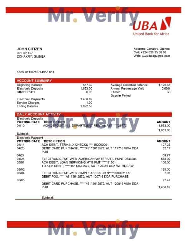 Guinea UBA Bank statement template in Word and PDF format, good for address prove