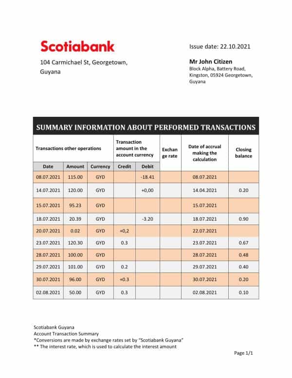Guyana Bank of Nova Scotia bank statement template in Word and PDF format