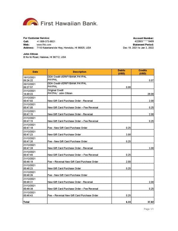 Hawaii First Hawaiian Bank statement Excel and PDF template
