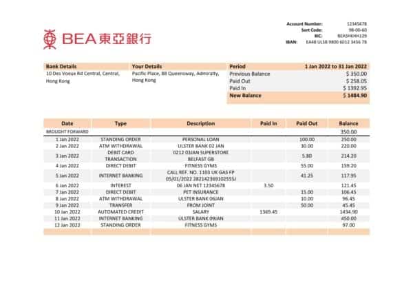 Hong Kong BEA bank statement Word and PDF template