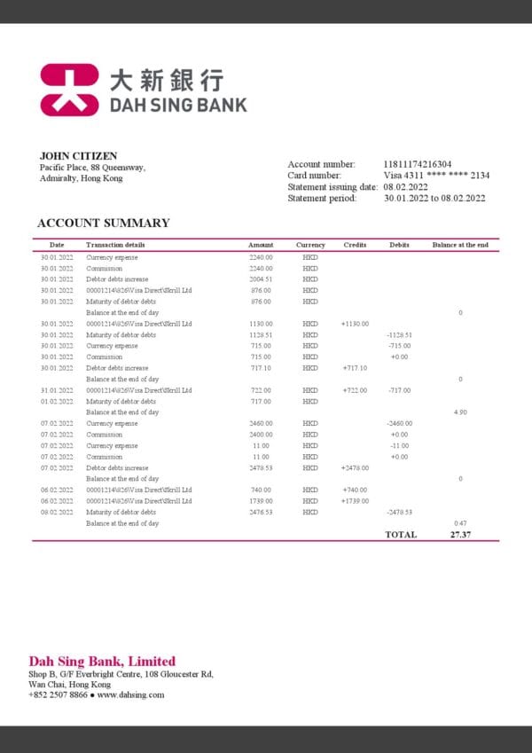 Hong Kong DAH Sing Bank statement Word and PDF template