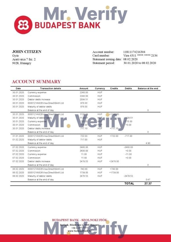 Hungary Budapest Bank – Szolnoki Fiók bank statement template in Word and PDF format