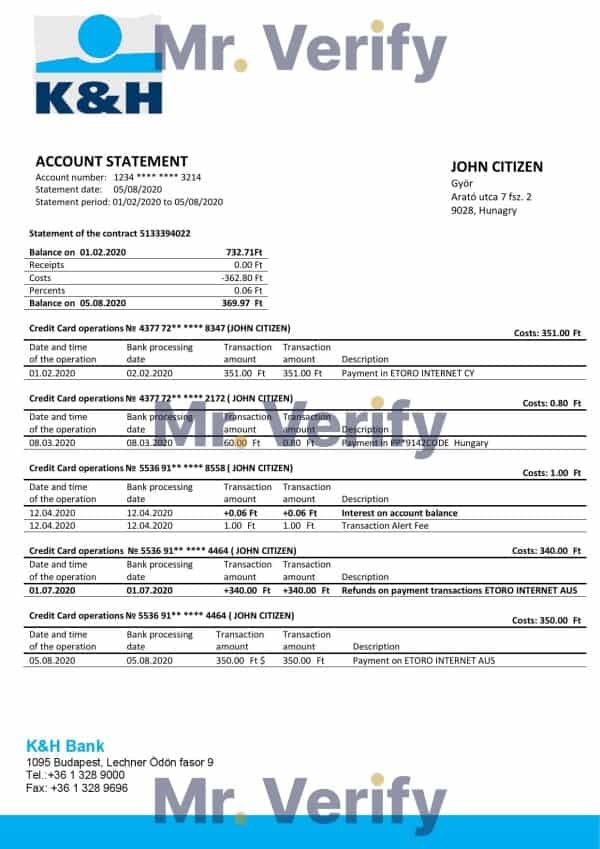 Hungary K&H Bank statement template in Word and PDF format