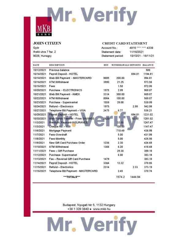 Hungary MKB Bank statement easy to fill template in .xls and .pdf file format