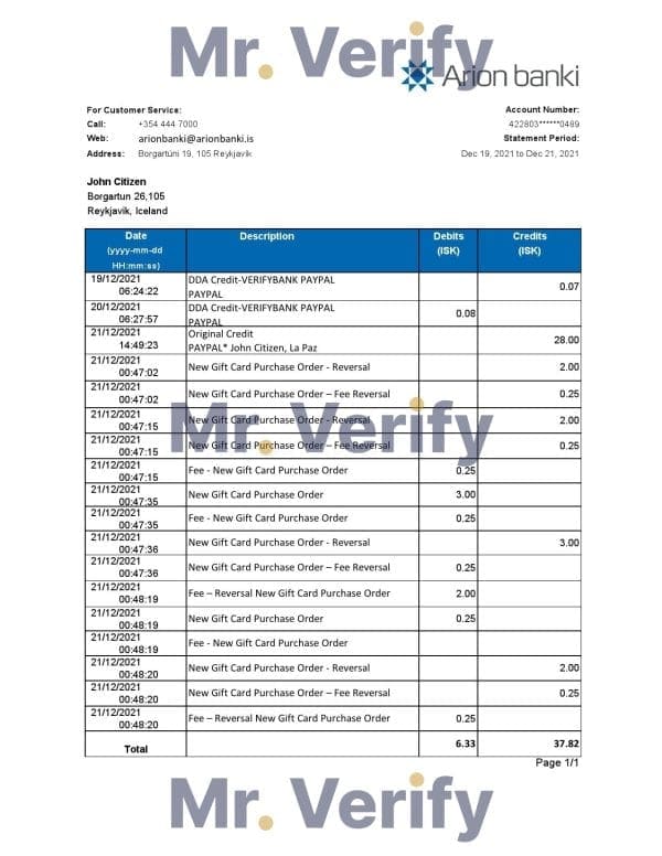 Iceland Arion Bank statement easy to fill template in .xls and .pdf file format