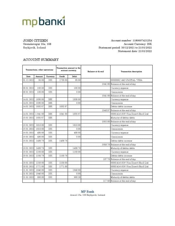 Iceland MP bank statement Excel and PDF template