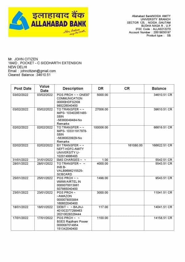 India Allahabad Bank statement, Word and PDF template, 2 pages