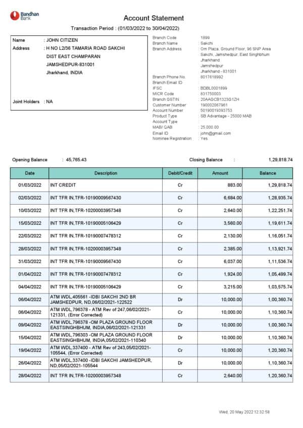 India-Bandhan-bank-statement_000001.jpg India Bandhan bank statement, Word and PDF template, 2 pages