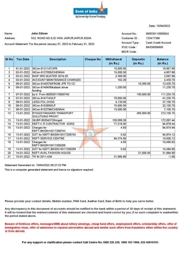 India Bank of India bank statement Word and PDF template