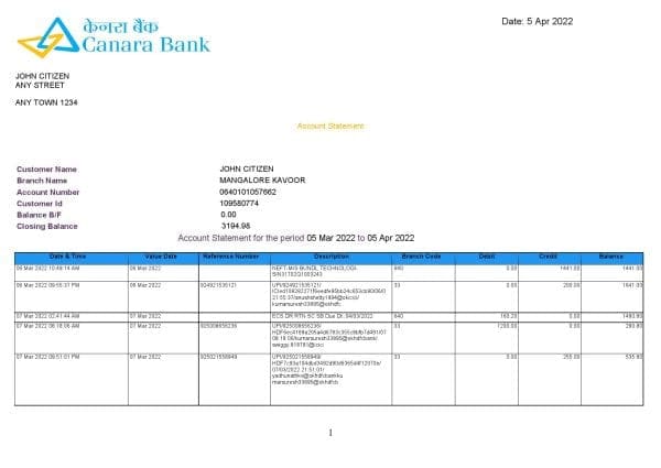 India Canara bank statement, Word and PDF template, 5 pages