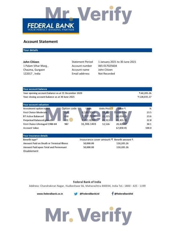 India Federal Bank proof of address statement template in Word and PDF format, .doc and .pdf format