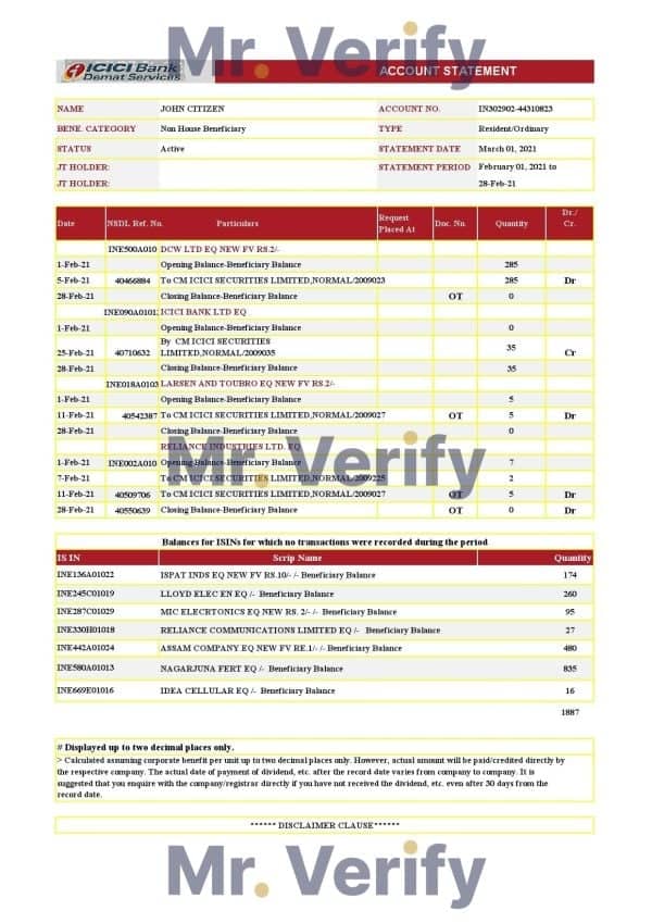 India ICICI Bank statement template in .xls and .pdf file format
