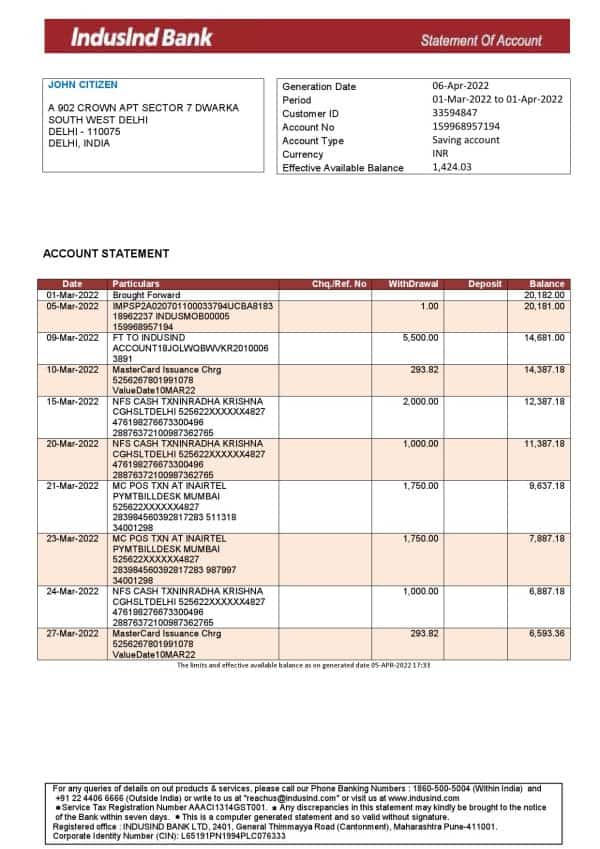 India IndusInd bank statement, Word and PDF template