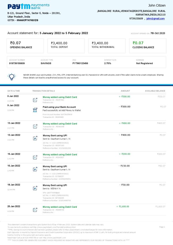 India Paytm Payments bank statement Word and PDF template, 2 pages