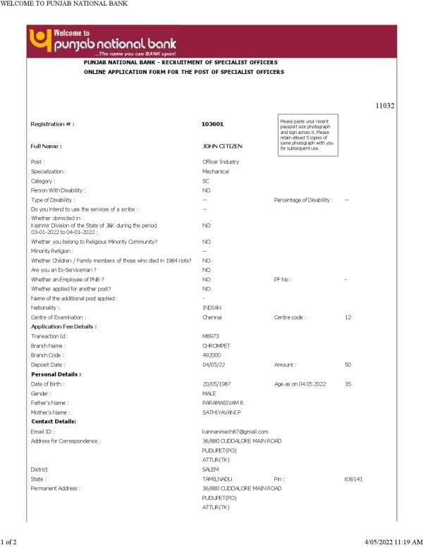 India Punjab National Bank statement Word and PDF template, 2 pages