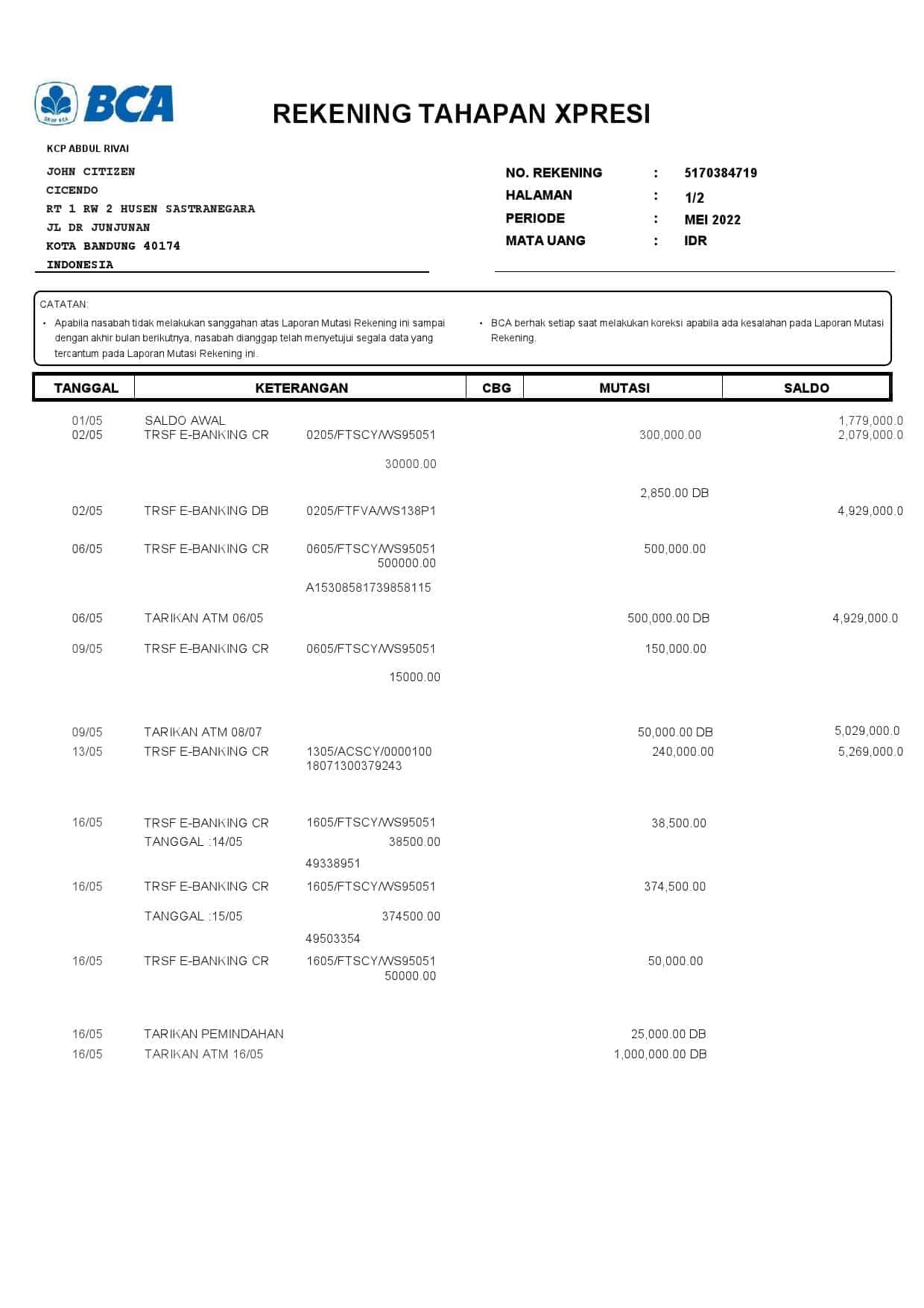 Indonesia-BCA-bank-statement-2-pages_000001.jpg Indonesia BCA bank statement, Word and PDF template, 6 pages