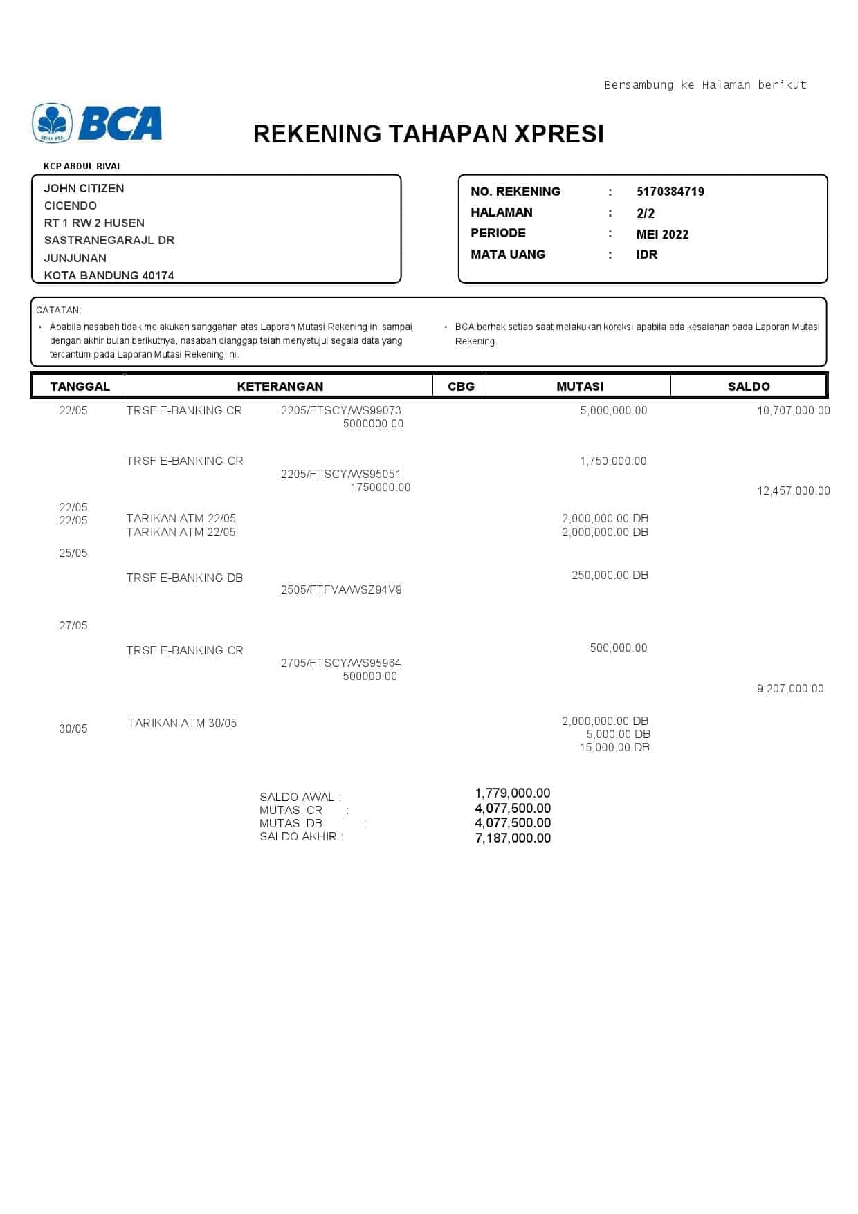Indonesia-BCA-bank-statement-2-pages_000002.jpg Indonesia BCA bank statement, Word and PDF template, 6 pages - Image 2