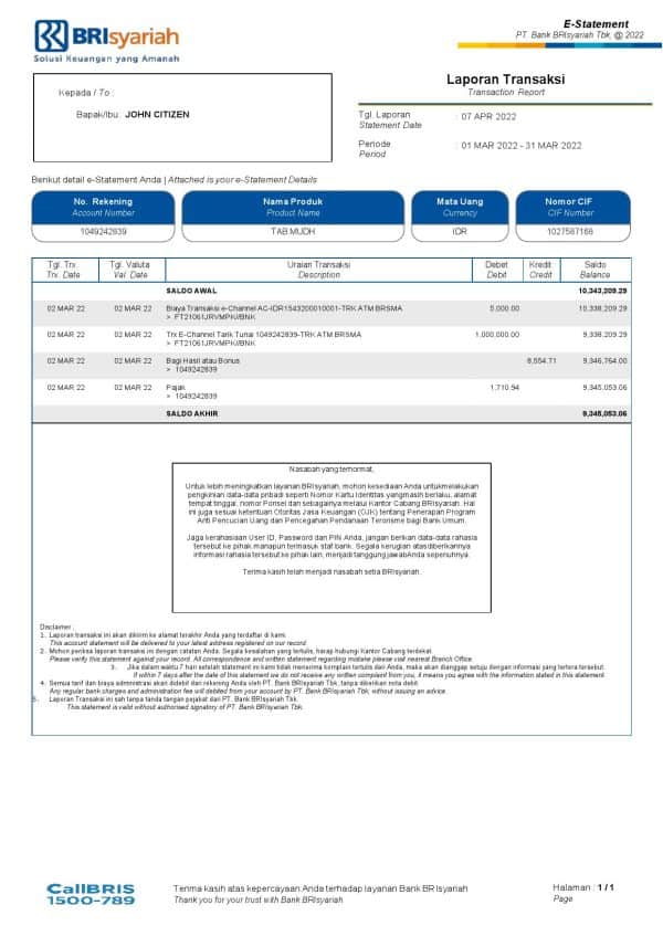 Indonesia BRIsyariah bank e-Statement, Word and PDF template