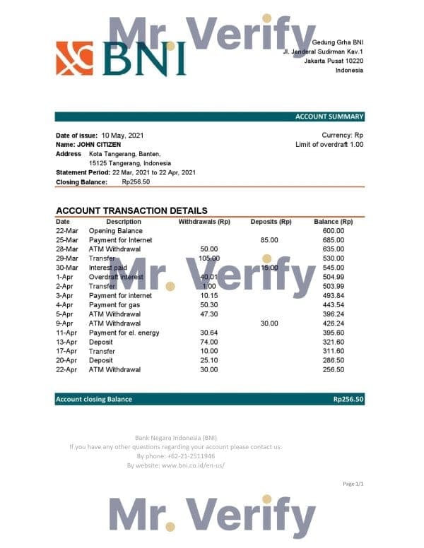 Indonesia Bank Negara Indonesia (BNI) bank statement easy to fill template in Excel and PDF format