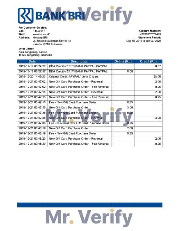 Indonesia Bank Rakyat Indonesia (BRI) easy to fill bank statement in Word and PDF (.doc and .pdf) format