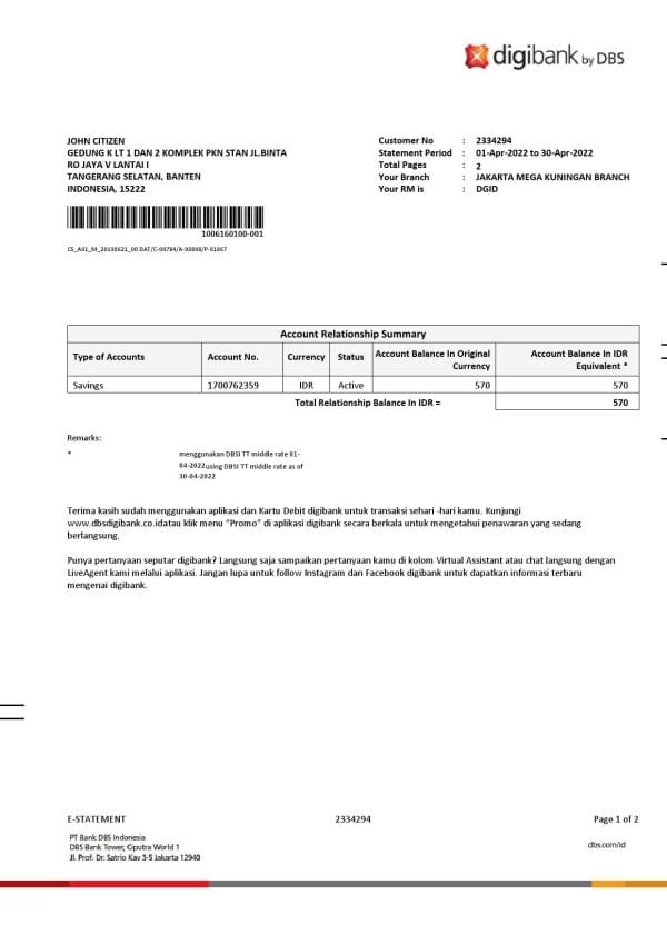 Indonesia DBS Digibank statement, Word and PDF template, 2 pages