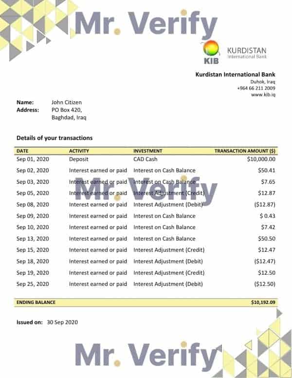 Iraq Kurdistan International Bank proof of address statement template in Excel and PDF format
